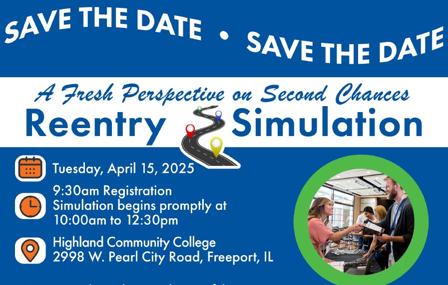 Screenshot of the top half of a flyer for a Reentry Simulation Event on April 15, 2025.