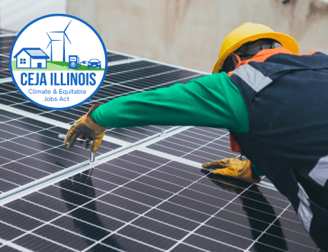 Solar Worker leaning over a solar panel. Top left corner has the Climate and Equitable Jobs Act Logo