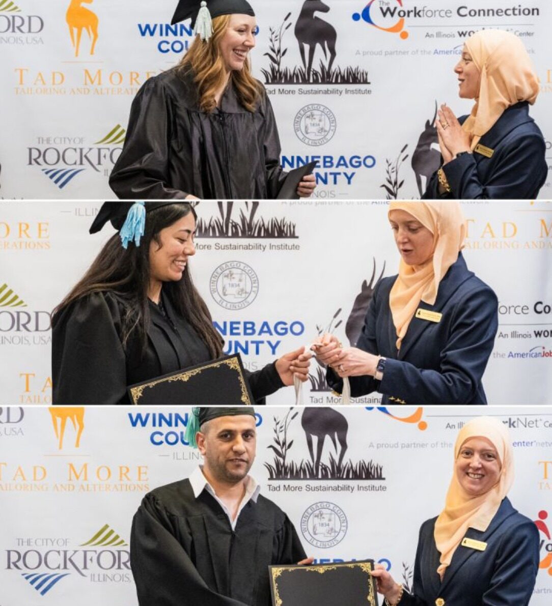 3 industrial sewing apprenticeship graduates being congratulated on graduating the apprenticeship program. 